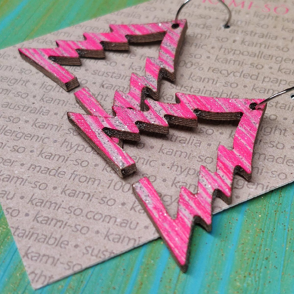 Reversible Christmas Tree Recycled Paper Earrings - Pink & Silver / Blue & Gold