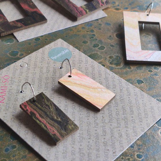 Reversible Rectangle Recycled Paper Earrings - Earthy / Black, Pink & Gold