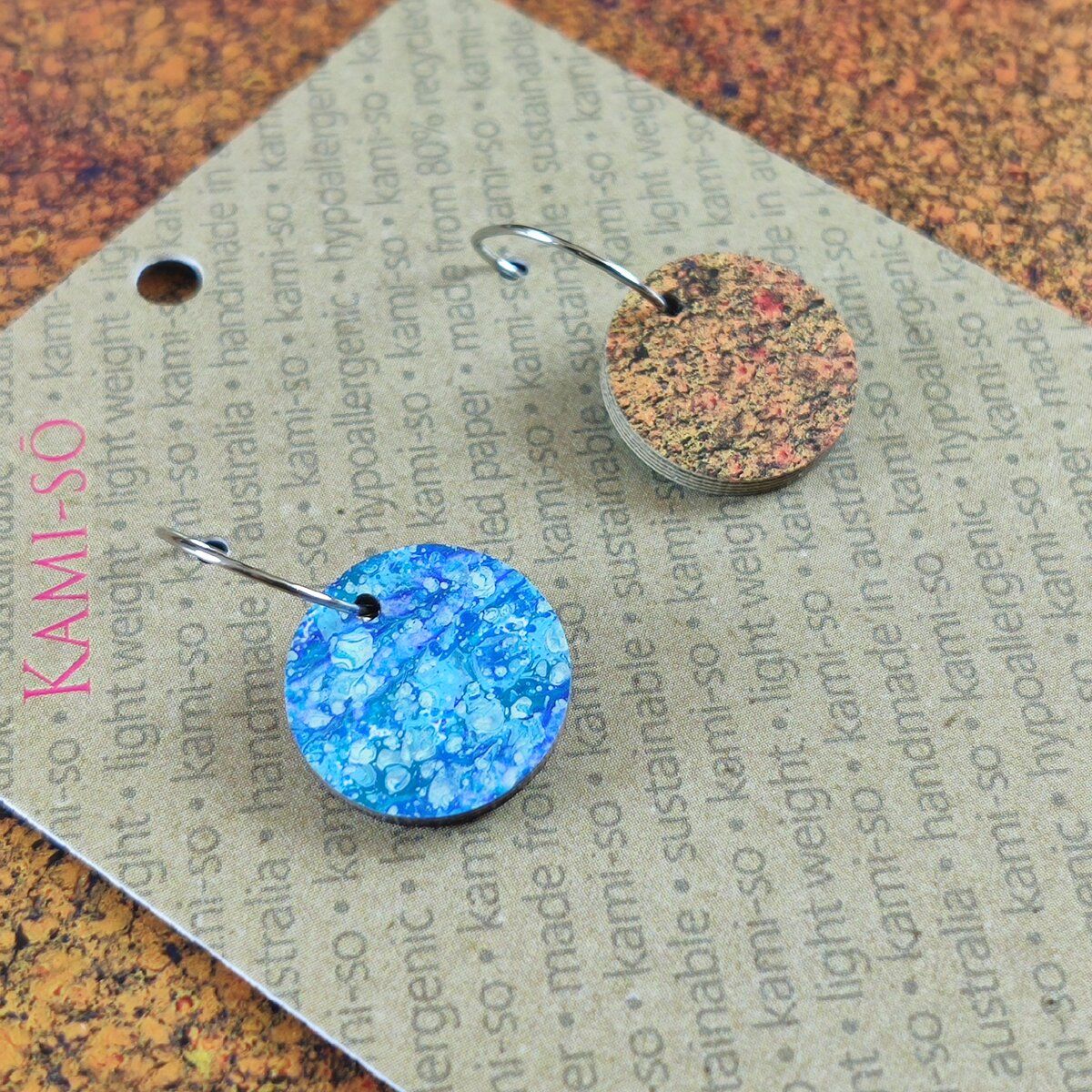 Reversible Circle Recycled Paper Earrings - Blue Speckle / Copper Crackle