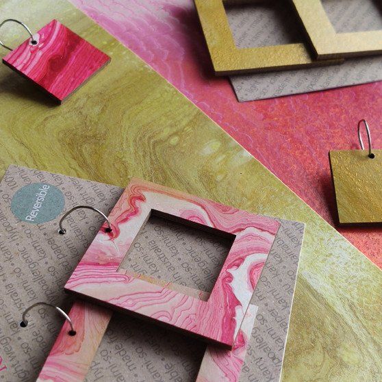 Reversible Square Recycled Paper Earrings - Red & Pink / Gold