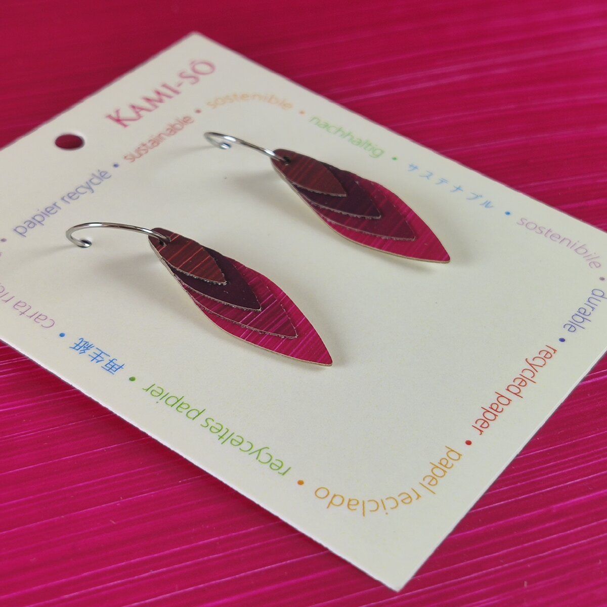 Diamond Layered Recycled Paper Earrings - Magenta