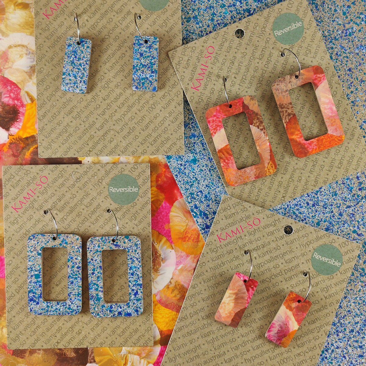 Reversible Rectangle Recycled Paper Earrings - Blue Silver Speckle / Pink & Earthy Multicolour