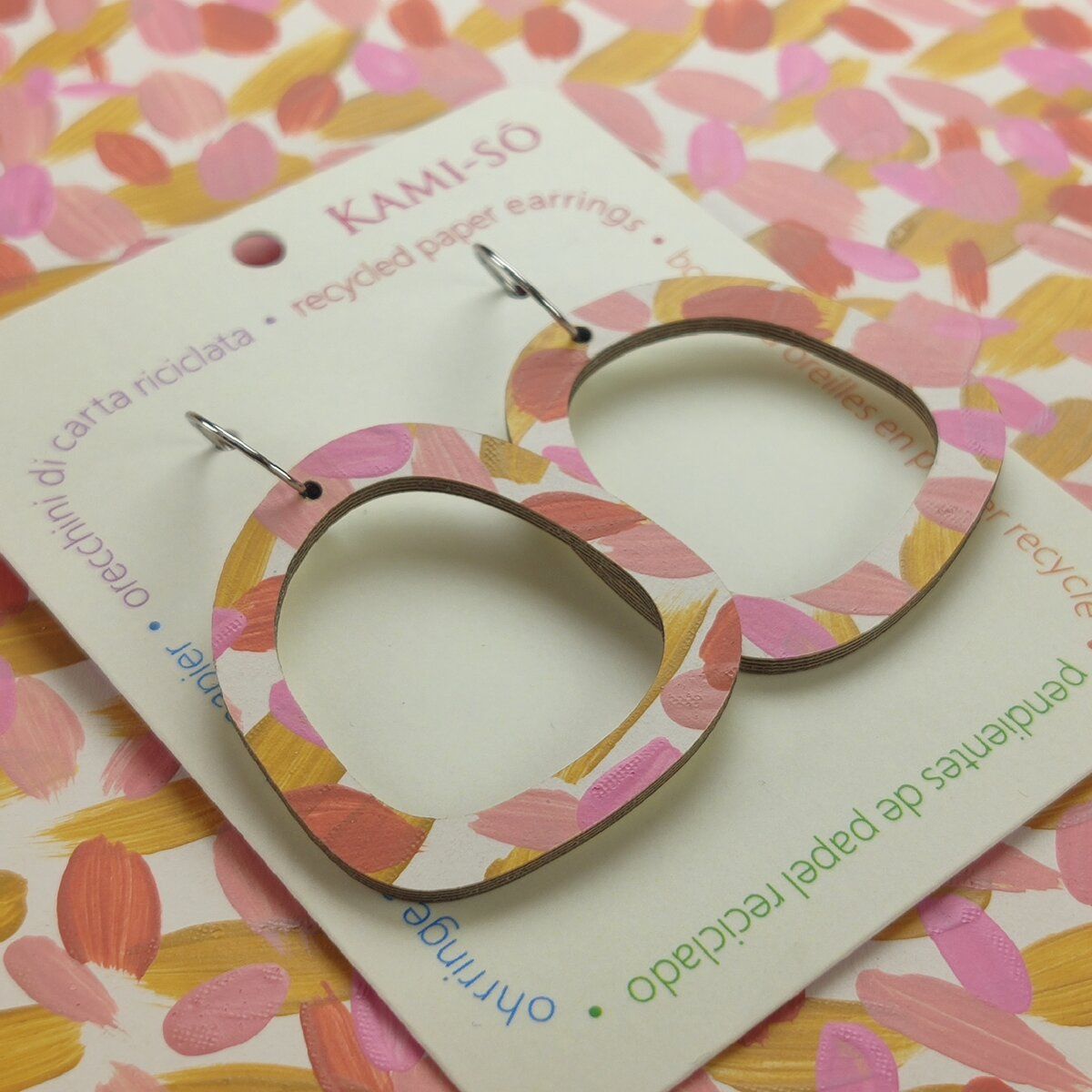 Square Recycled Paper Earrings - Pink, Mustard & Terracotta
