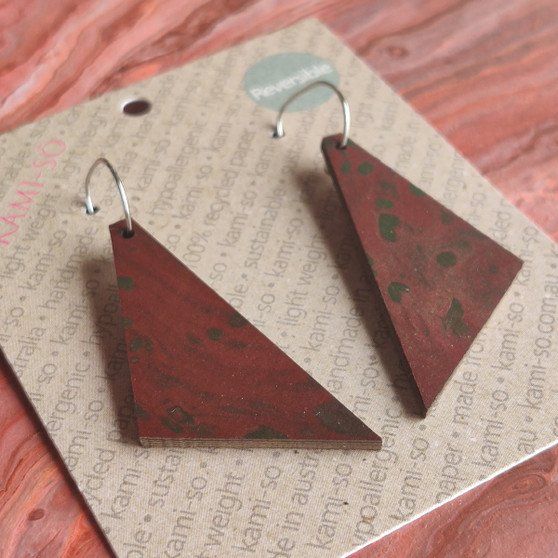 Reversible Triangle Recycled Paper Earrings - Light Brown / Brown & Green