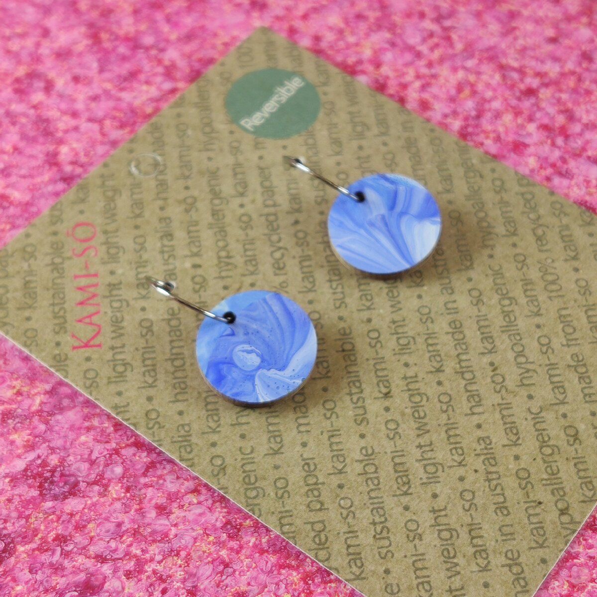 Reversible Circle Recycled Paper Earrings - Rose Speckle / Blue & White