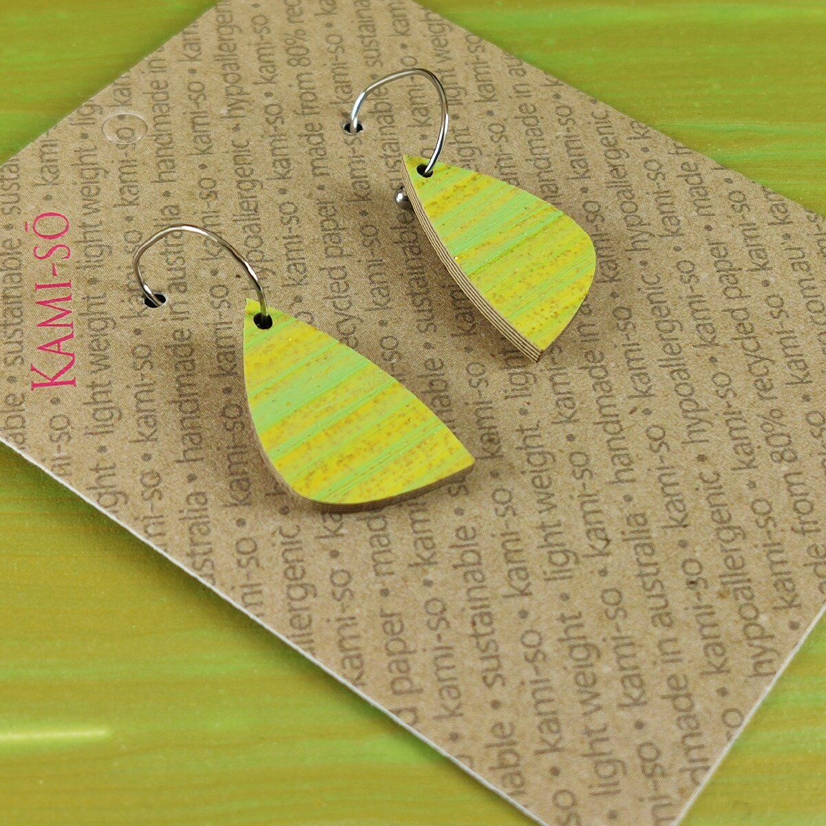 Mini Recycled Paper Earrings - Green & Gold Stripe