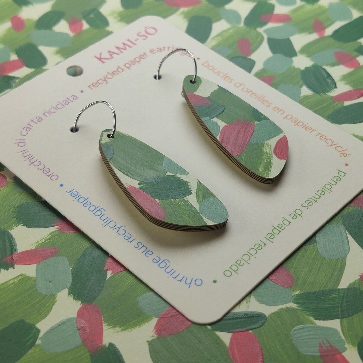 Oval Recycled Paper Earrings - Green & Rose