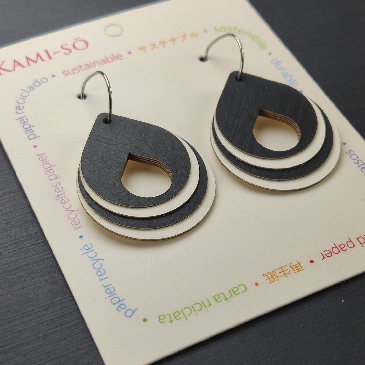 Circle Layered Recycled Paper Earrings - Black & White