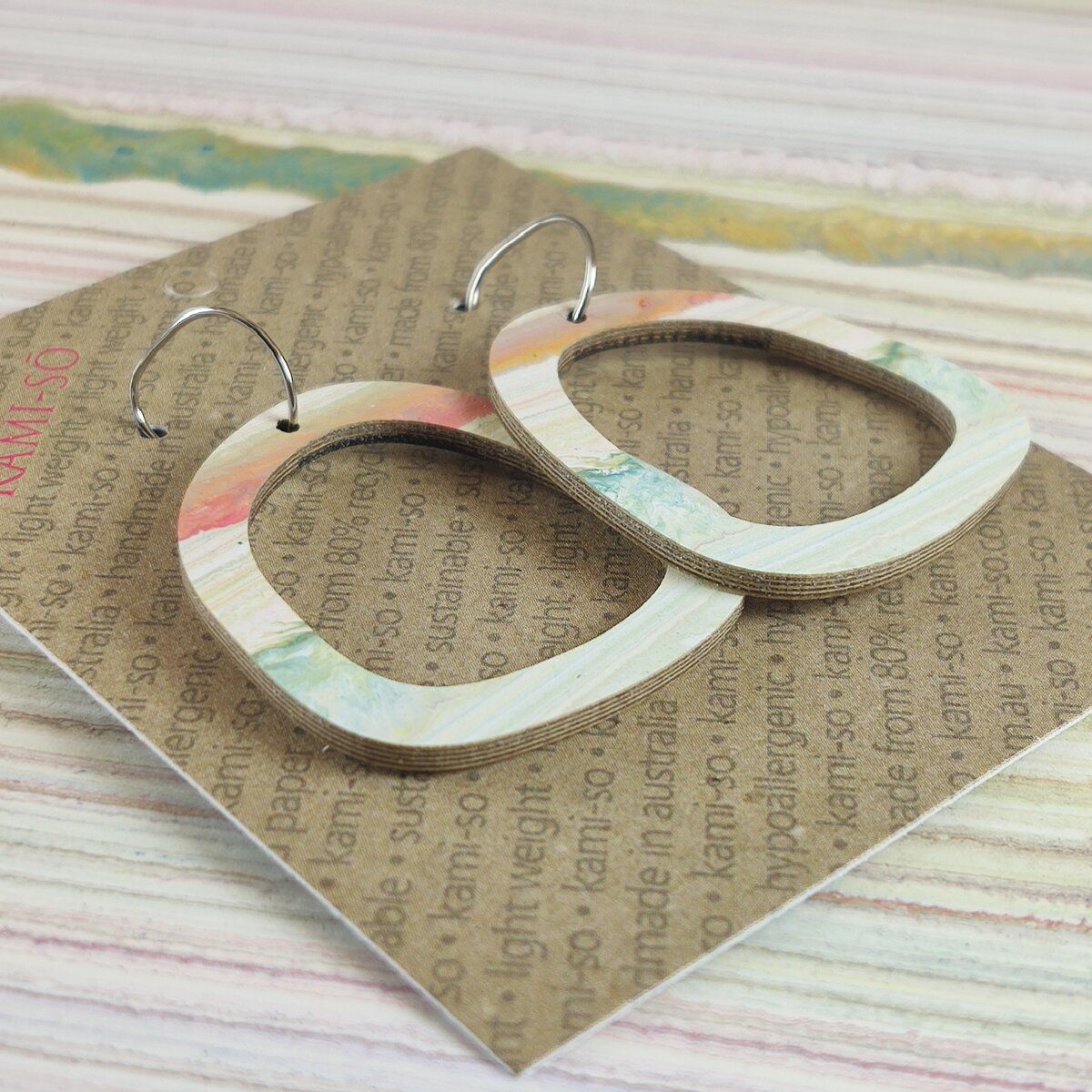Square Recycled Paper Earrings - White & Coloured Stripes