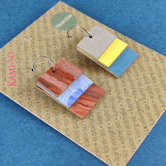 Reverse-A-Tile Fan Rectangle Recycled Paper Earrings - Earthy Mix & Blue / Light Grey, Yellow & Blue