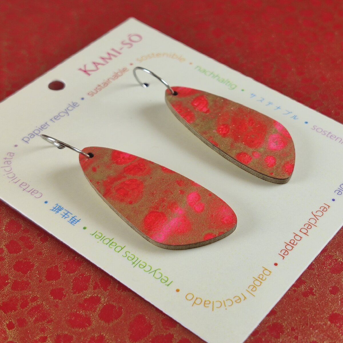 Oval Recycled Paper Earrings - Red & Gold Crackle