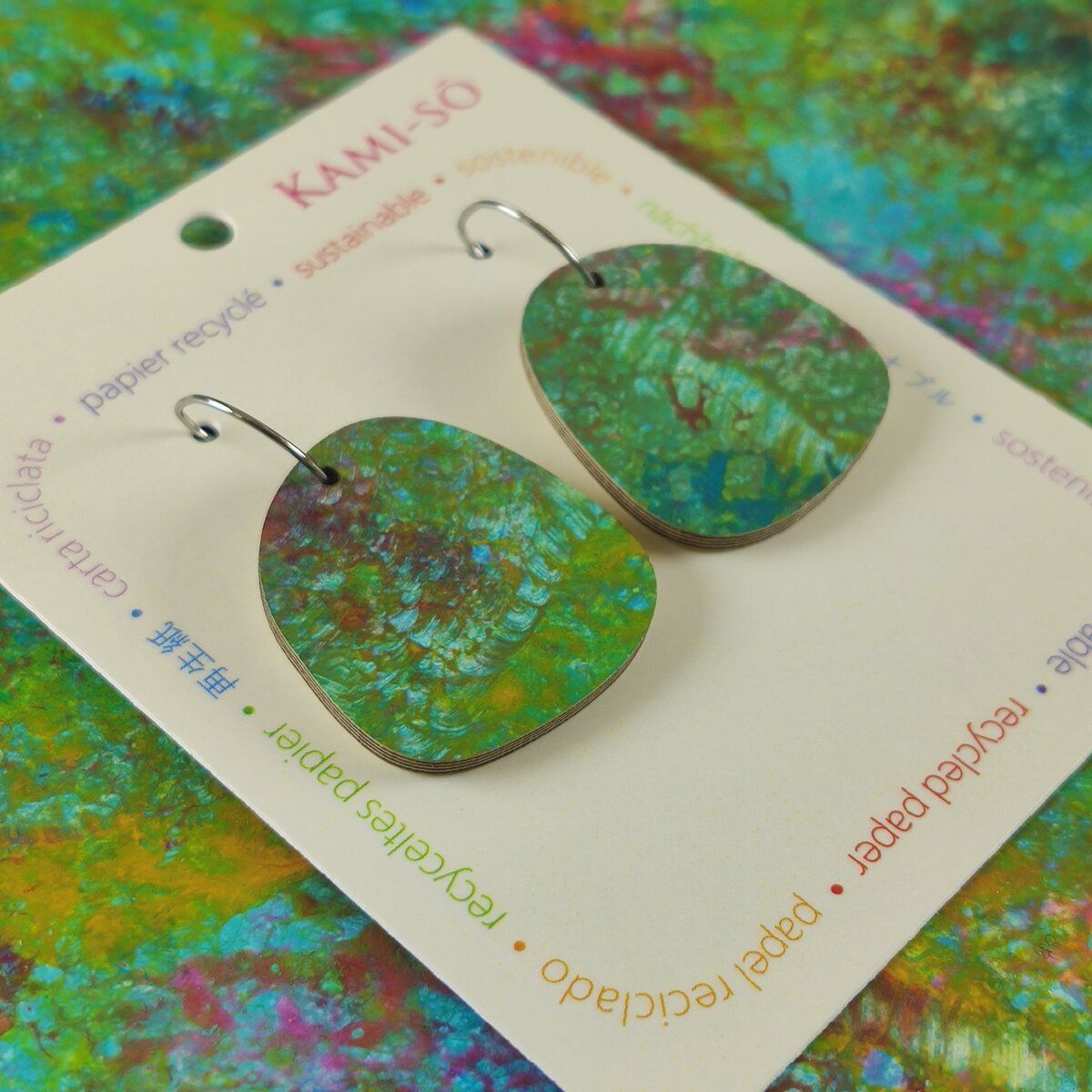 Square Recycled Paper Earrings - Green Multicolour