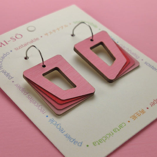 Rectangle Layered Recycled Paper Earrings - Pink & Red