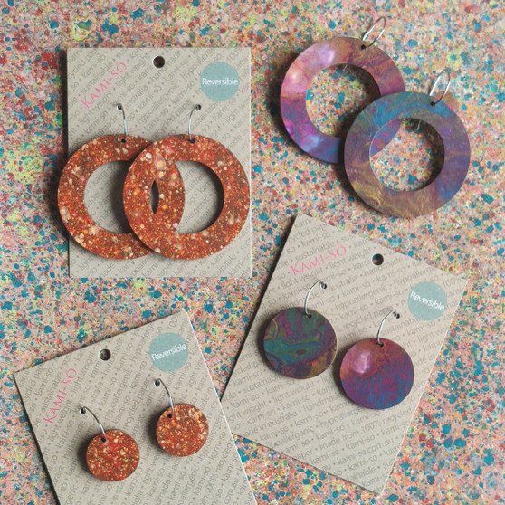 Reversible Circle Recycled Paper Earrings - Gold Multicolour / Speckle