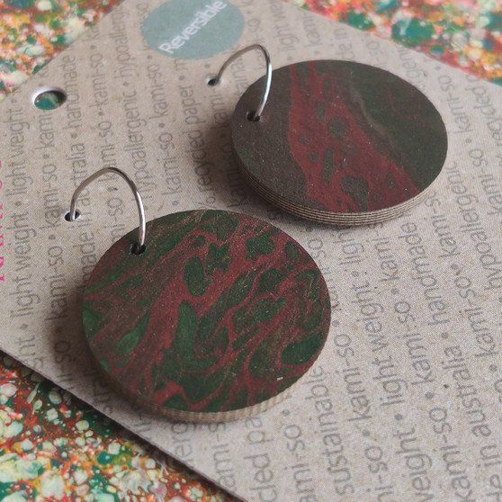 Reversible Circle Recycled Paper Earrings - Brown & Green / Speckle