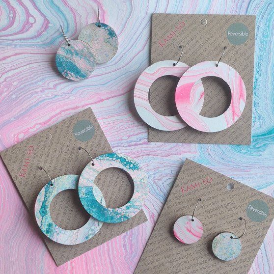 Reversible Circle Recycled Paper Earrings - Blue & Pink / Pink & White