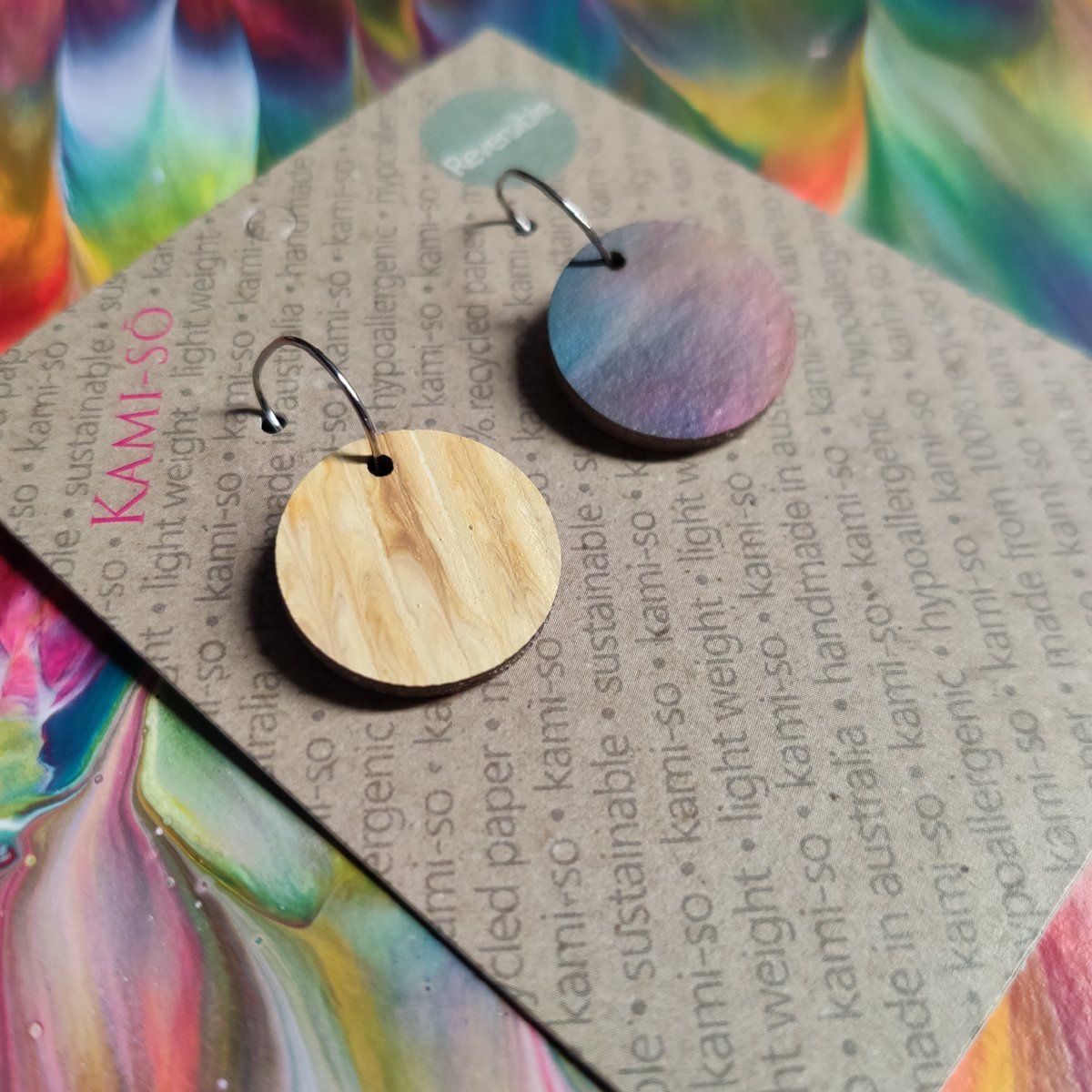 Reversible Circle Recycled Paper Earrings - Multicolour / Light Brown