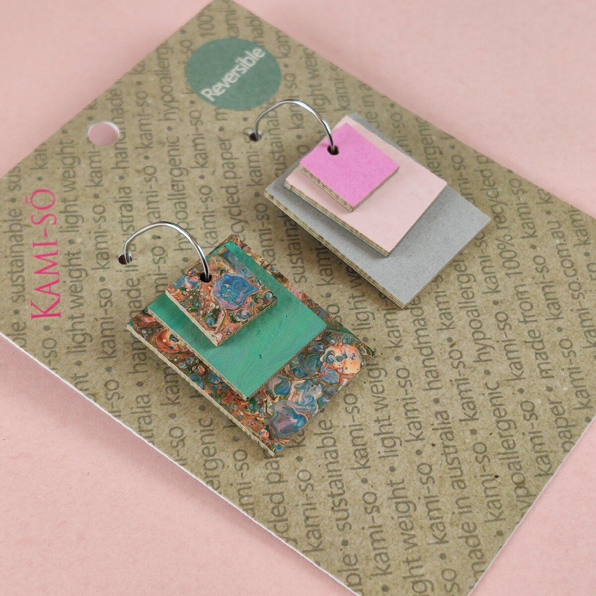 Reverse-A-Tile Expanding Rectangle Recycled Paper Earrings - Muted Speckle & Dusty Green / Pink, Blush & Light Grey