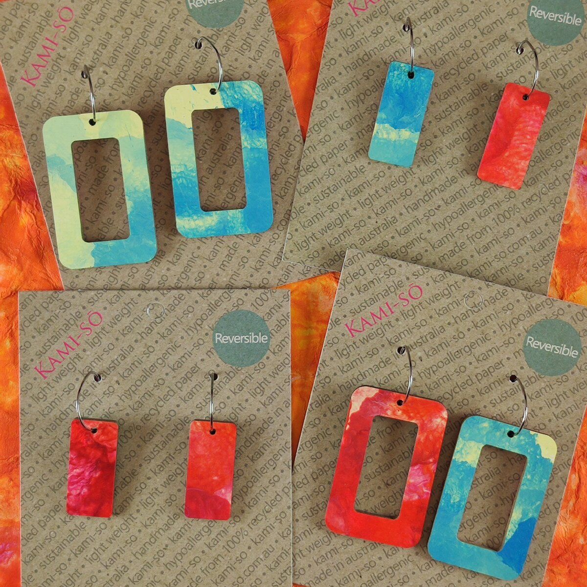 Reversible Rectangle Recycled Paper Earrings - Blue & White / Red & White