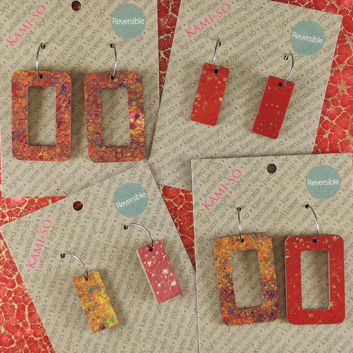 Reversible Rectangle Recycled Paper Earrings - Red & Gold / Brown Multicolour Speckle