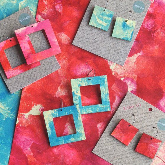 Reversible Square Recycled Paper Earrings - Red & Cream / Blue & Cream