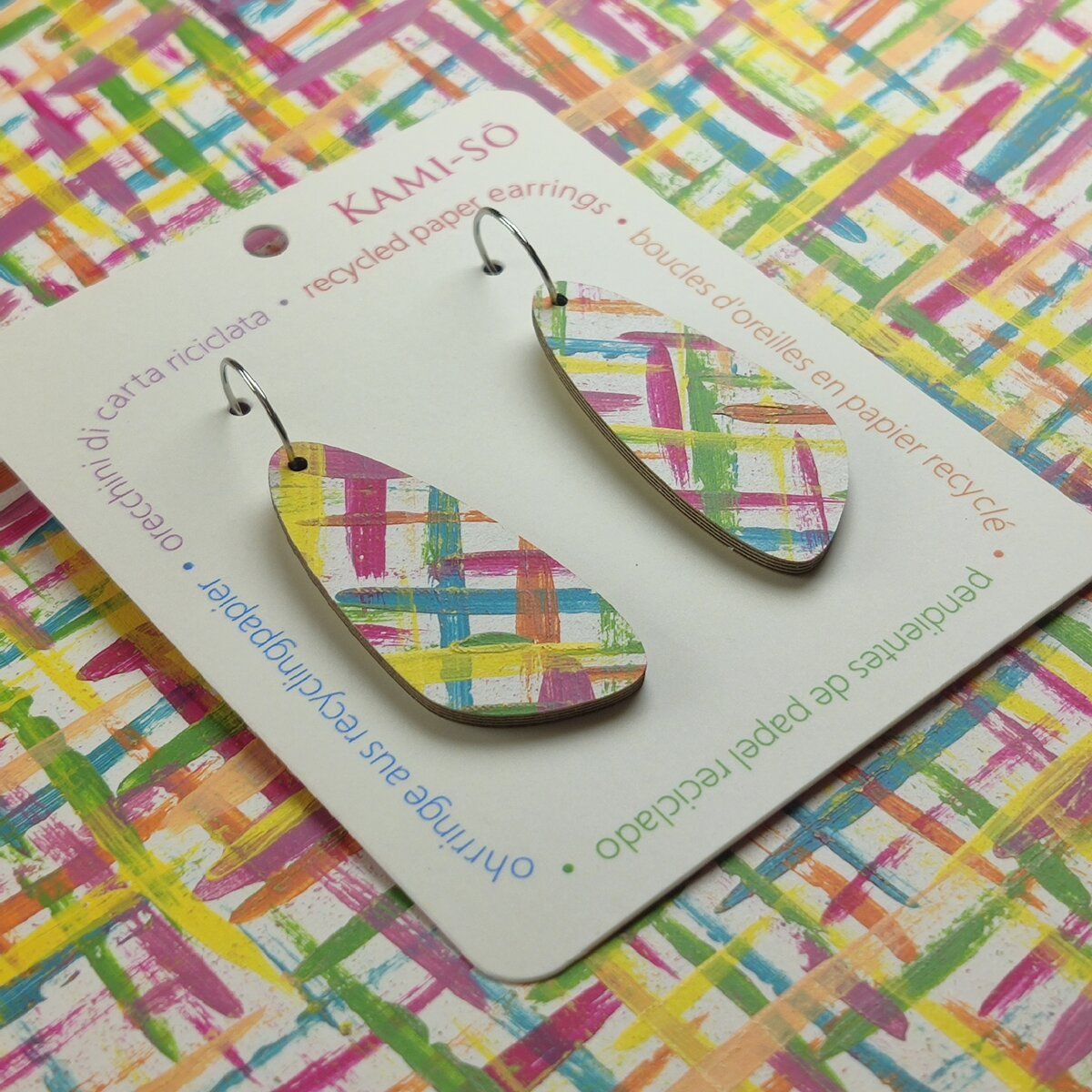 Oval Recycled Paper Earrings - Blue, Plum, Orange & Yellow