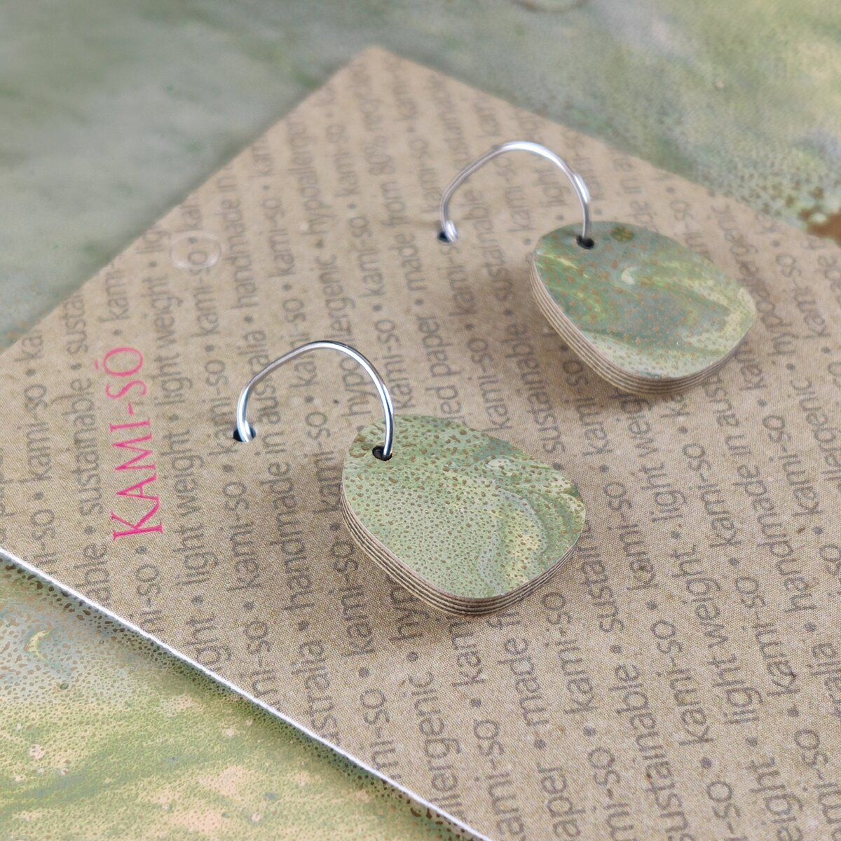 Mini Recycled Paper Earrings - Green Gold Crackle