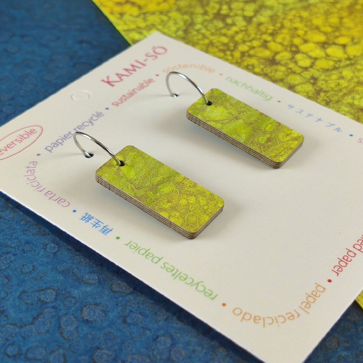 Reversible Rectangle Recycled Paper Earrings - Citrine Crackle / Dark Blue Crackle