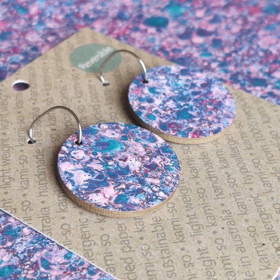 Reversible Circle Recycled Paper Earrings - Blue Speckle / Burgundy