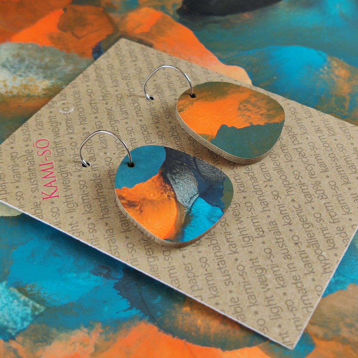 Square Recycled Paper Earrings - Blue & Orange