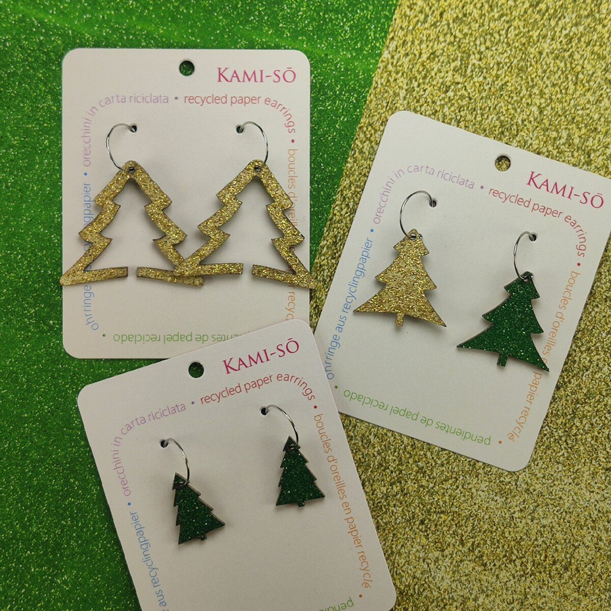 Reversible Christmas Tree Recycled Paper Earrings - Green Sparkle / Gold Sparkle