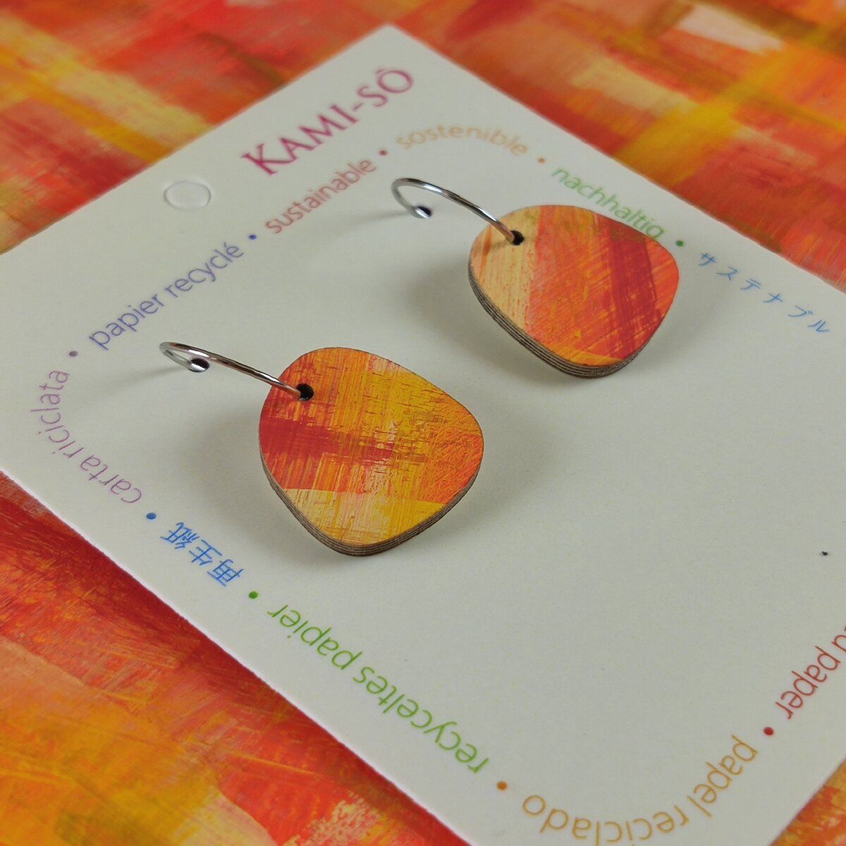 Square Recycled Paper Earrings - Orange, Red, Yellow & Gold Brushstrokes