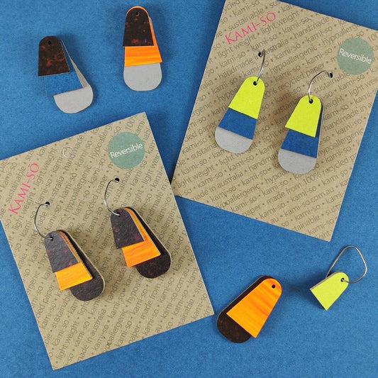 Reverse-A-Tile Fan Triangle Recycled Paper Earrings - Black & Orange / Lime, Blue & Light Grey