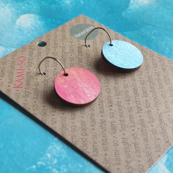 Reversible Circle Recycled Paper Earrings - Pink / Blue