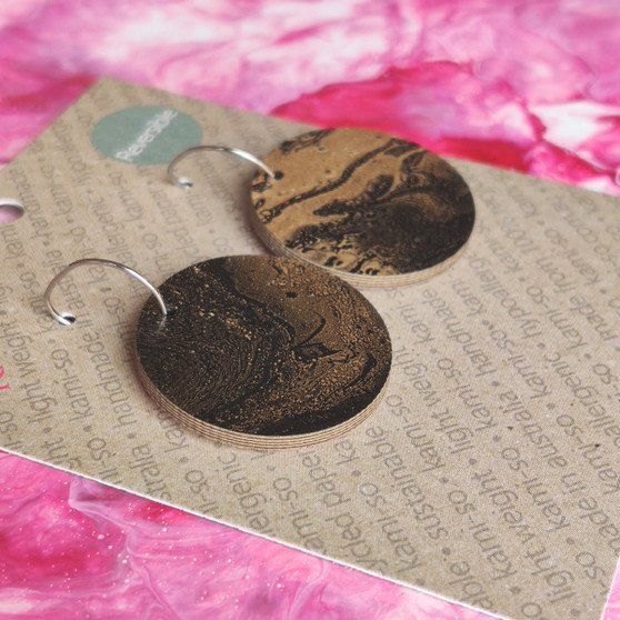 Reversible Circle Recycled Paper Earrings - Black & Gold / Pink