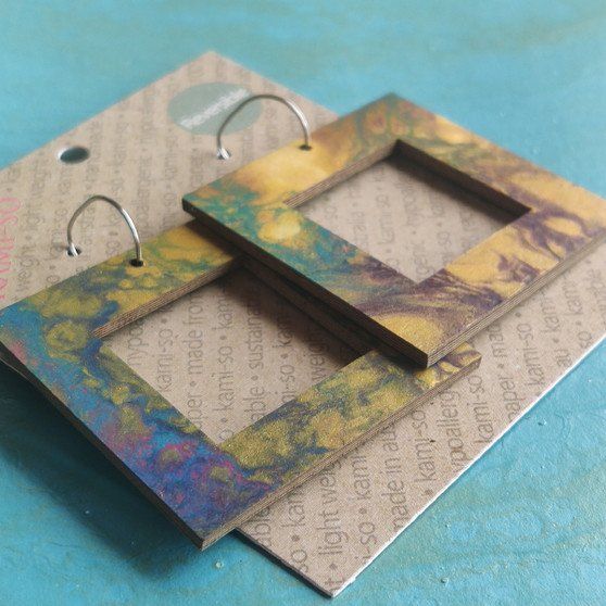 Reversible Square Recycled Paper Earrings - Dark Gold Multicolour / Blue