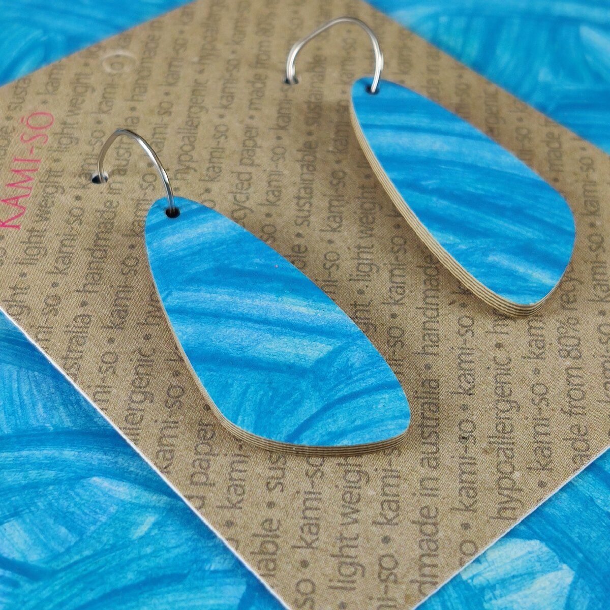 Oval Recycled Paper Earrings - Blue Swipe