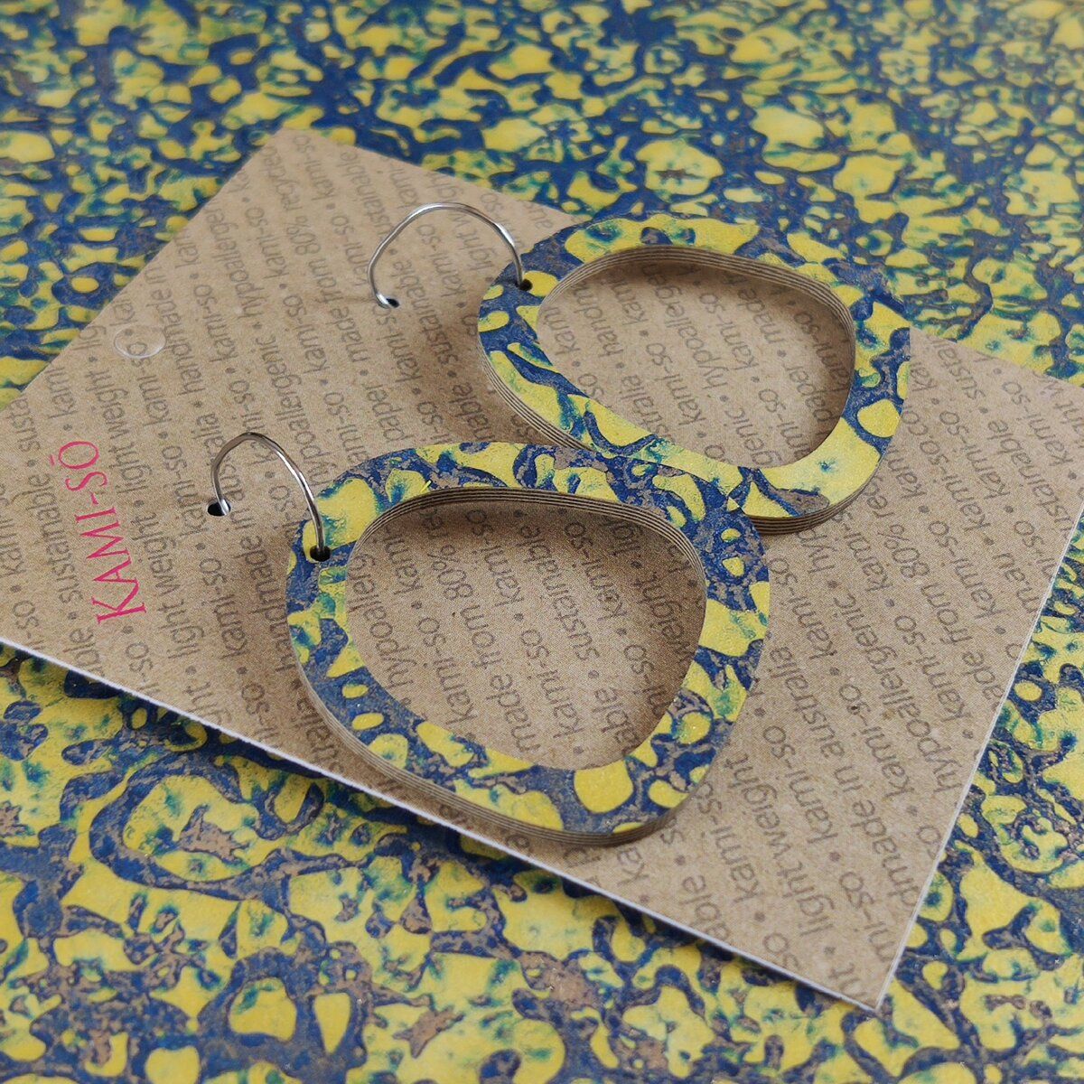 Square Recycled Paper Earrings - Gold & Blue Crackle