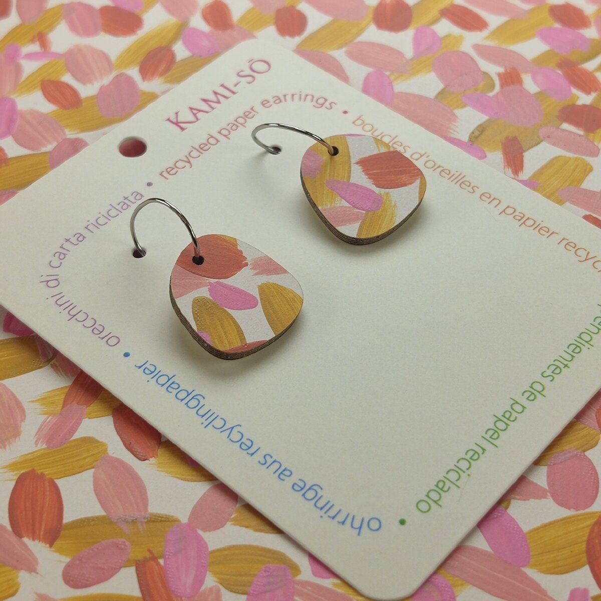 Square Recycled Paper Earrings - Pink, Mustard & Terracotta