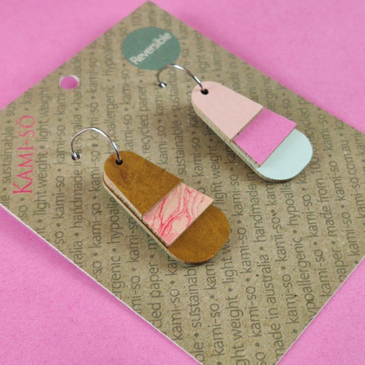 Reverse-A-Tile Fan Triangle Recycled Paper Earrings - Gold & Apricot / Blush, Pink & Pale Blue