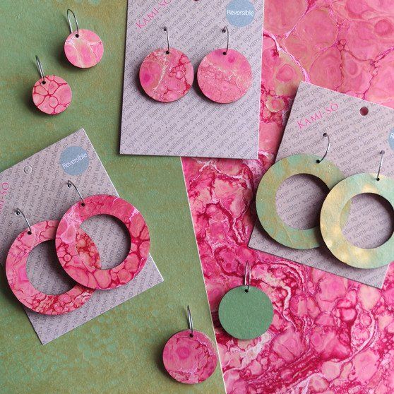 Reversible Circle Recycled Paper Earrings - Pink / Green & Gold