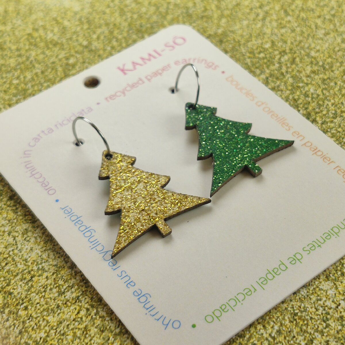 Reversible Christmas Tree Recycled Paper Earrings - Green Sparkle / Gold Sparkle