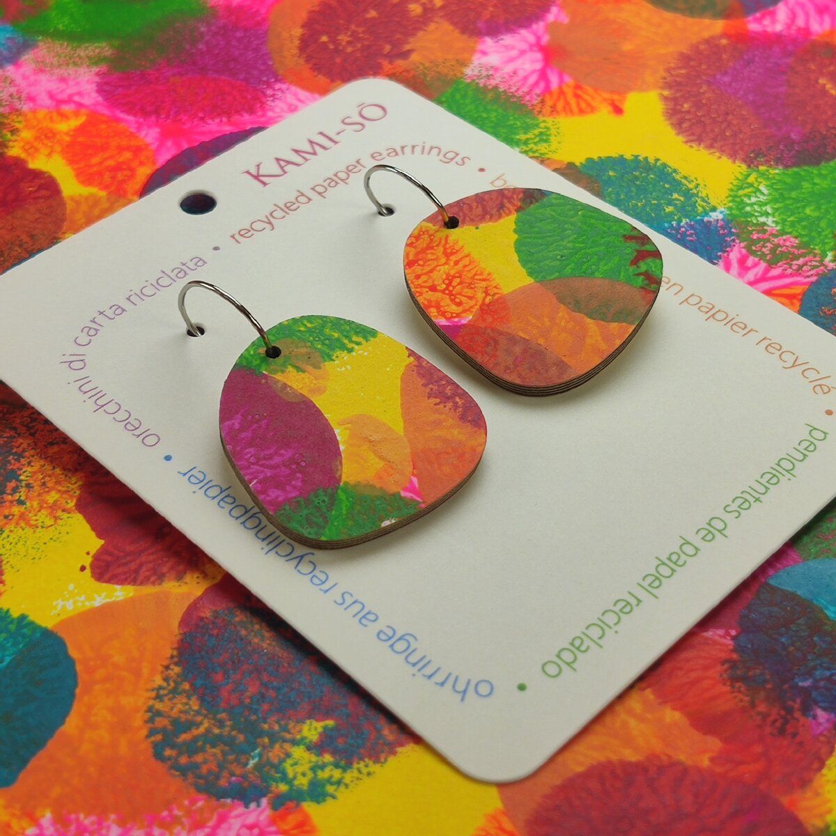 Square Recycled Paper Earrings - Bright Multicolour