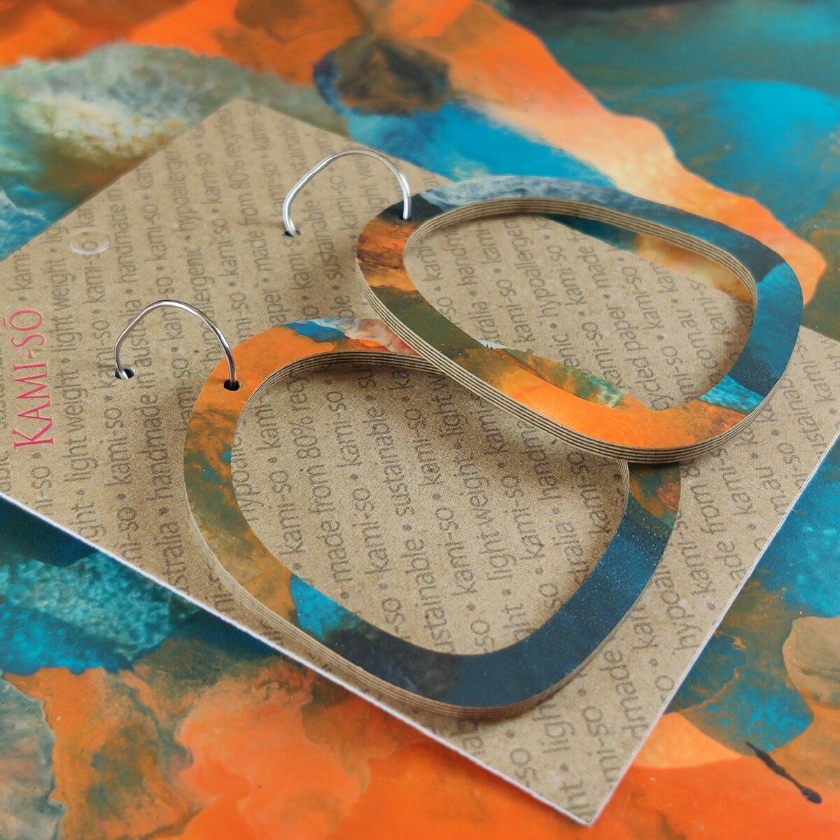 Square Recycled Paper Earrings - Blue & Orange