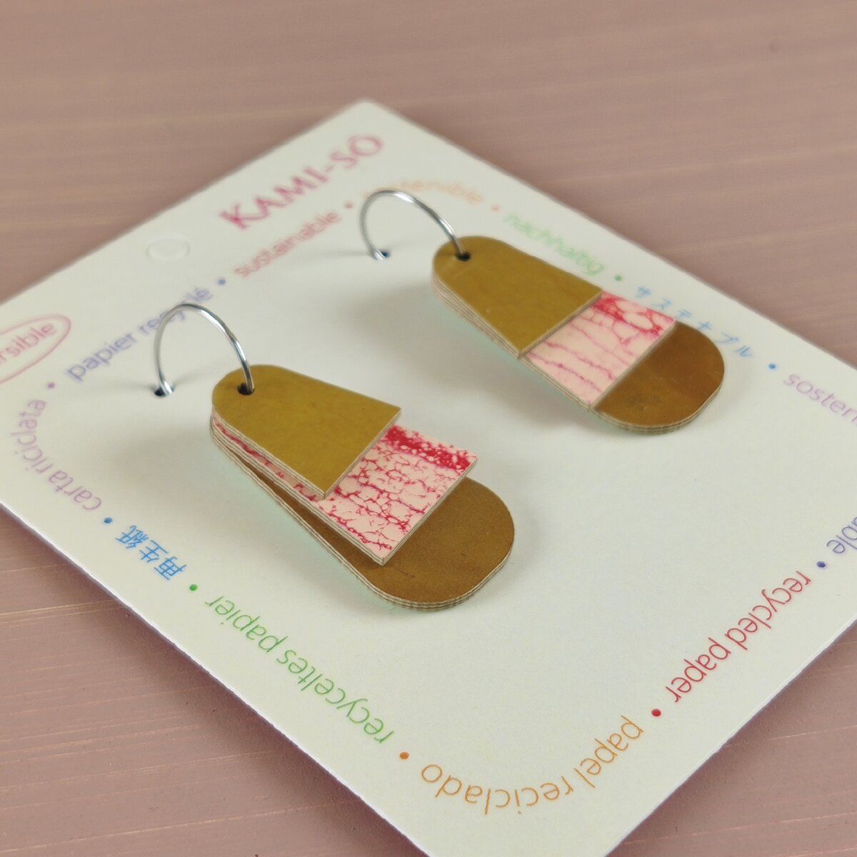 Reverse-A-Tile Fan Triangle Recycled Paper Earrings - Gold & Apricot / Blush, Pink & Pale Blue