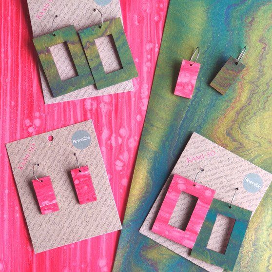 Reversible Rectangle Recycled Paper Earrings - Pink / Gold Multicolour