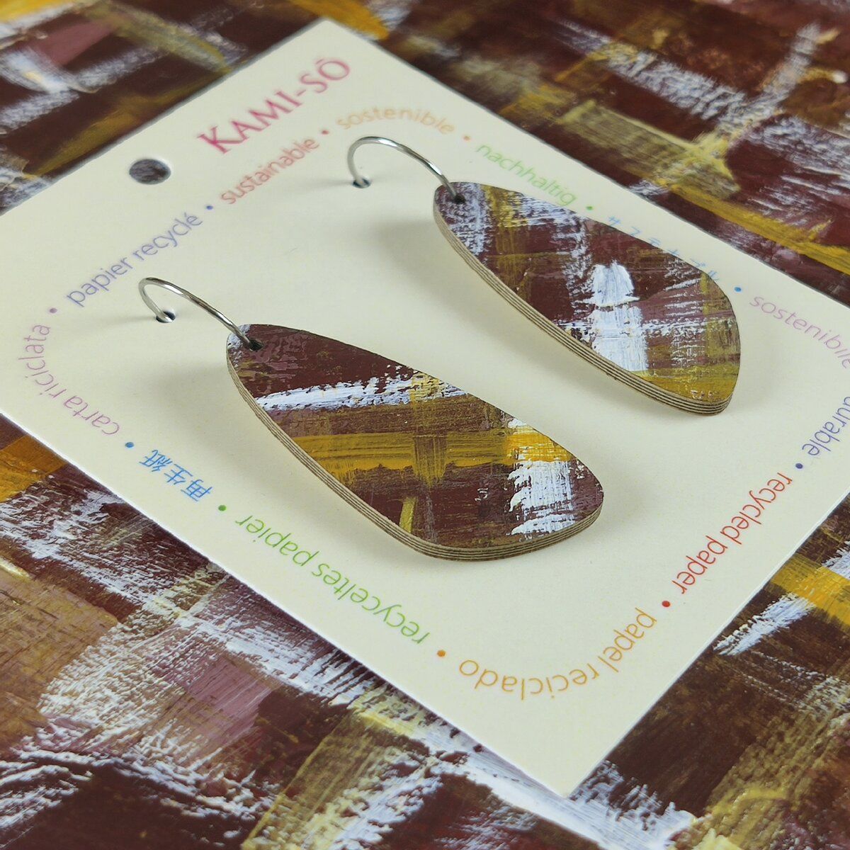 Oval Recycled Paper Earrings - Brown, White, Tan & Gold Brushstrokes