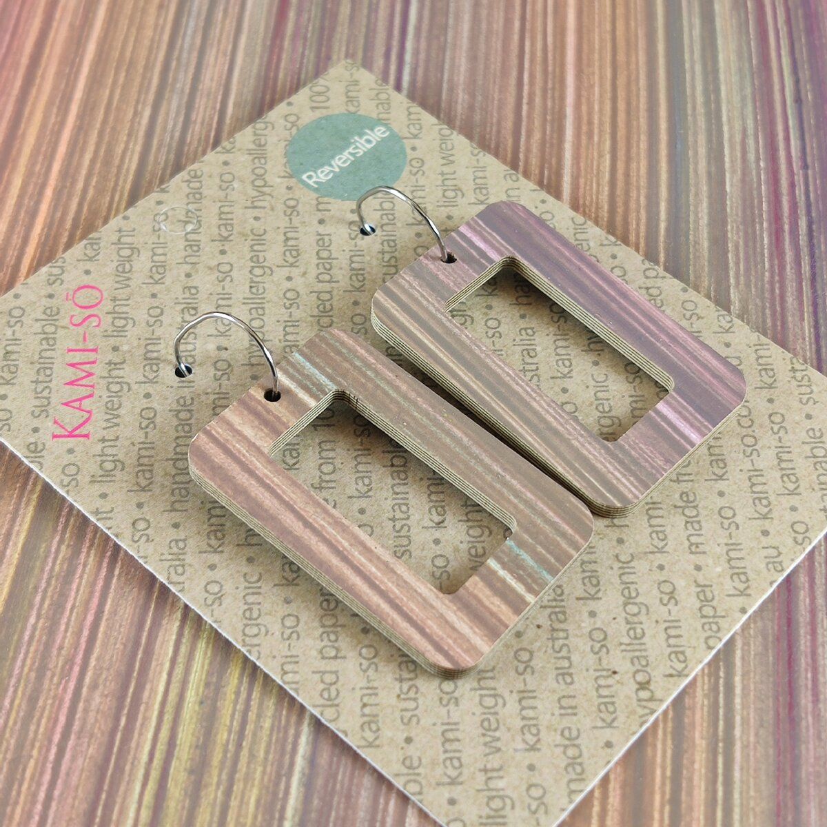 Reversible Rectangle Recycled Paper Earrings - Violet Multicolour Stripe / Blue Green Speckle