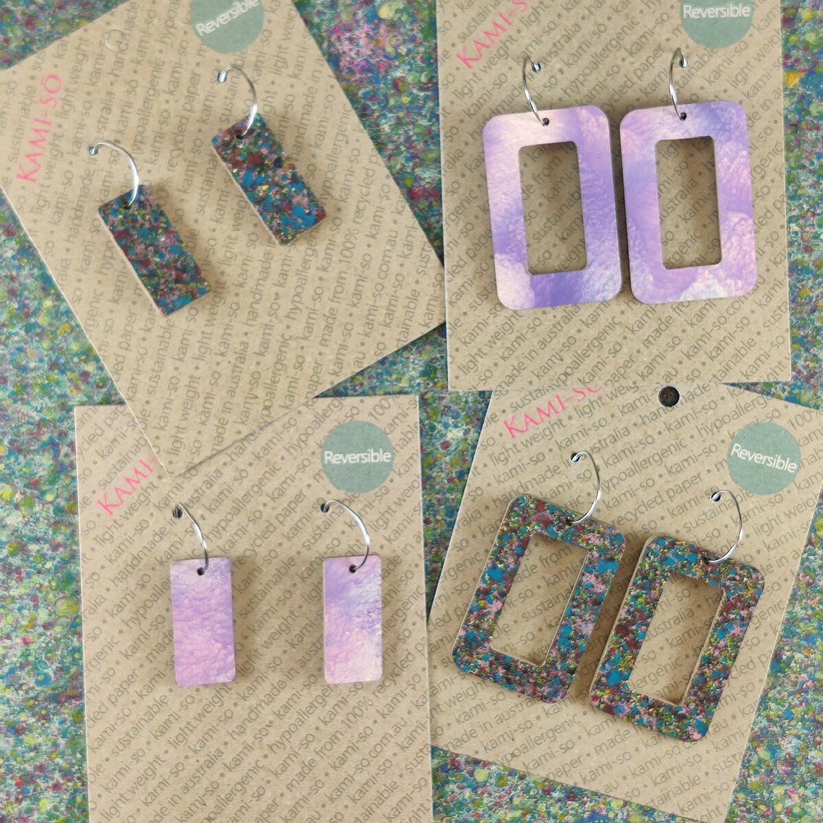 Reversible Rectangle Recycled Paper Earrings - Dark Speckle / Lilac