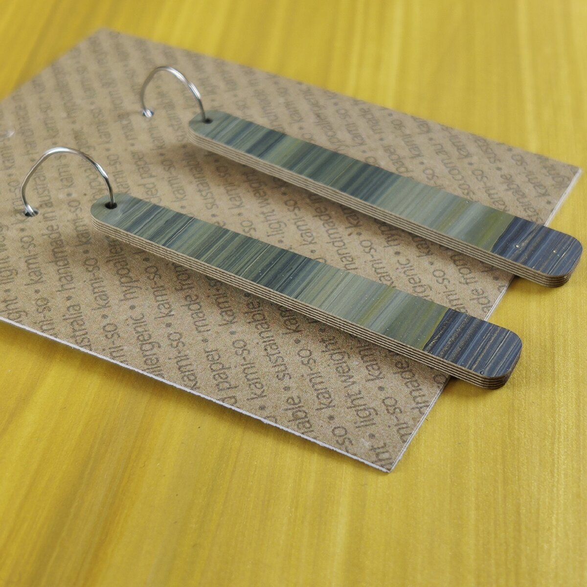 Reversible Paddle Recycled Paper Earrings - Grey Stripes / Yellow Stripes